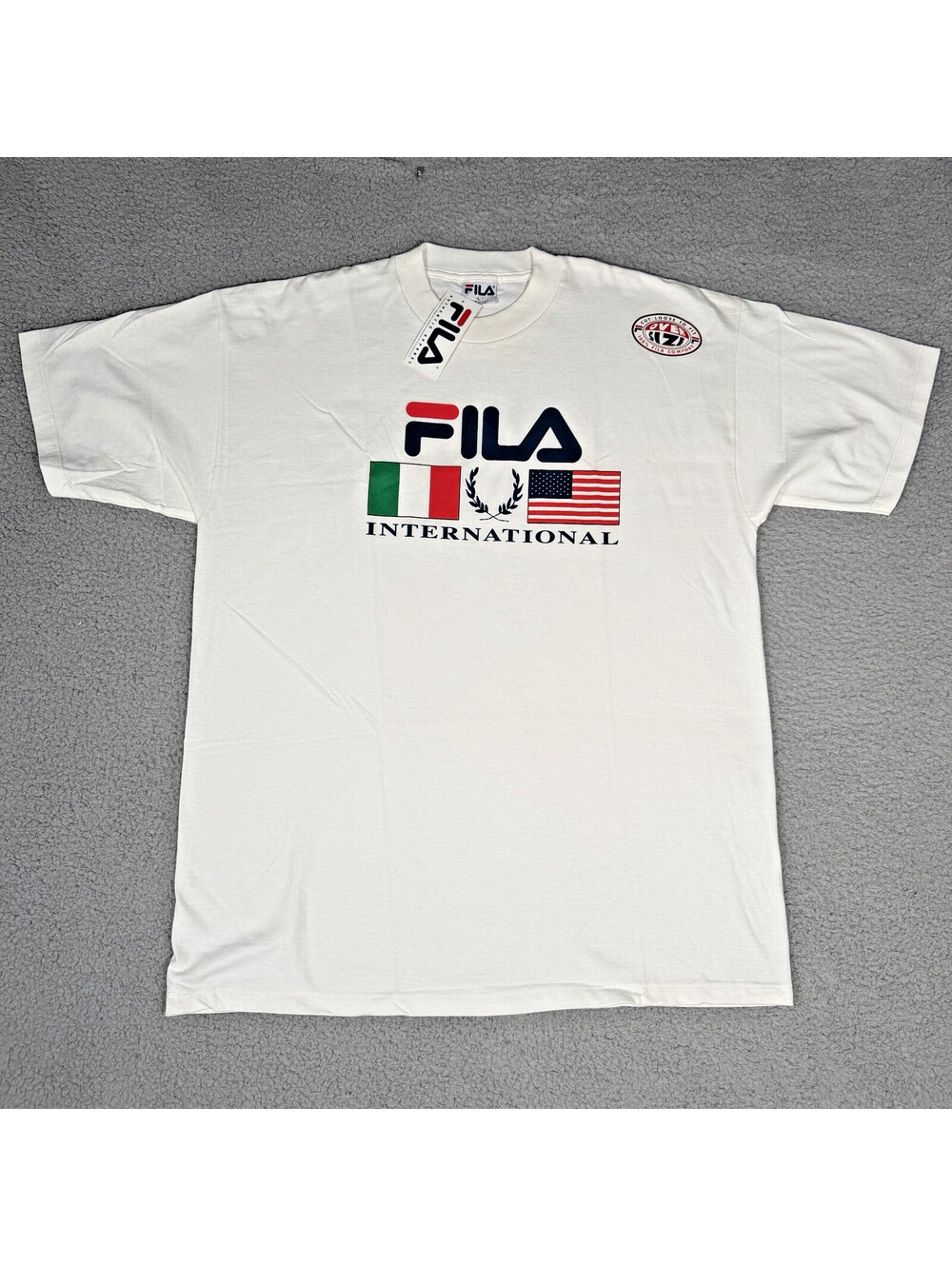 Vintage 90s FILA International Logo T-Shirt L Made in USA White NWT Deadstock
